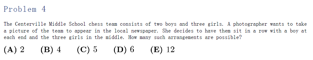 AMC 8 counting problem with 2 boys and 3 girls arranged in a row using Sum Rule principle.