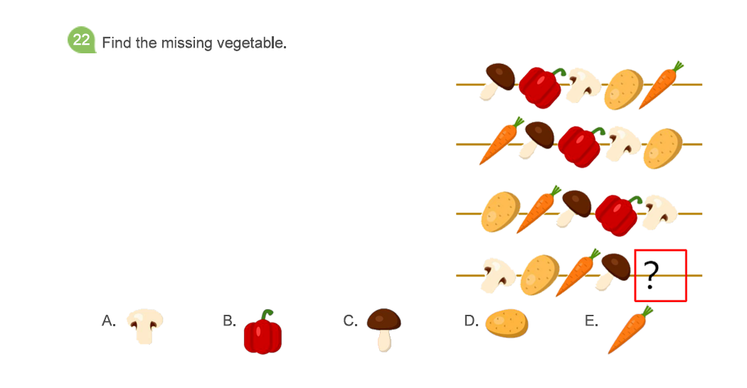 Food pattern worksheet asking kids to find the missing vegetable in a skewer sequence.