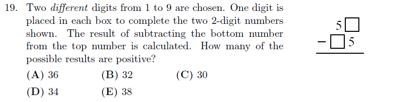 Gauss Math Contest 2021 two-digit subtraction problem with digits placed in boxes
