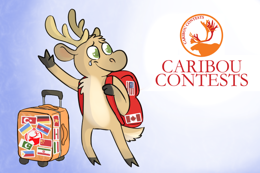 Cartoon reindeer mascot of Caribou Math Contest leaving with luggage, representing the end of the competition worldwide.