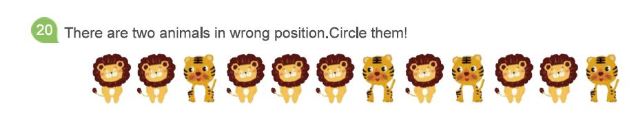 Animal pattern recognition worksheet where kids find two animals in the wrong order.