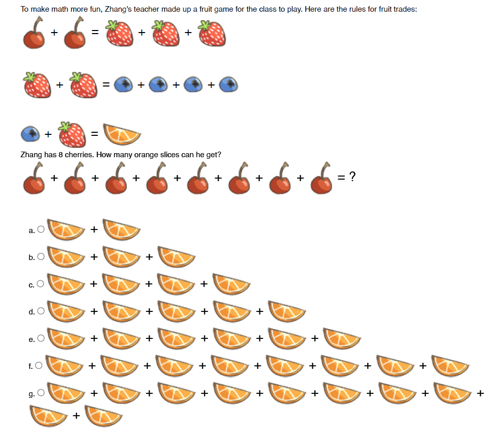 Fruit trading math puzzle showing how children use pattern rules to find number relationships.