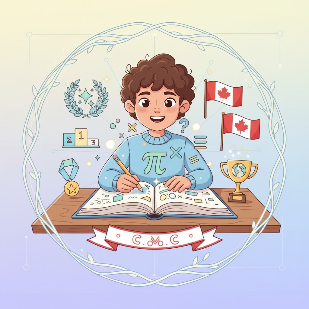 Canadian student studying math online with books, trophies, and Canadian flags, representing K–12 preparation for advanced mathematics and remote learning.