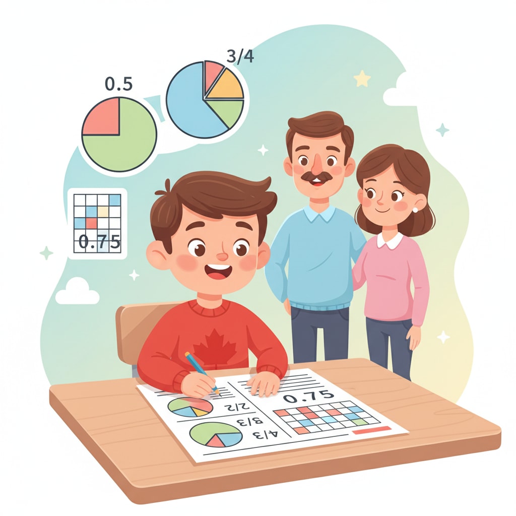 Detailed description of the first image related to fractions and decimals. The image should depict a happy Canadian child (around 8 years old) engaged with a math worksheet, possibly showing fraction pies or decimal grids, with parents smiling in the background, subtly indicating support. The scene should be bright and encouraging. Canadian child learning fractions and decimals with parents