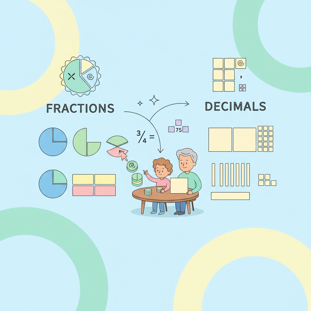 Detailed description of the second image related to fractions and decimals. This image should show a child and a parent interacting with hands-on math manipulatives like colourful fraction tiles and decimal base-ten blocks. They are visually comparing different values, demonstrating a concrete approach to understanding these concepts. Parent and child using manipulatives for fractions and decimals