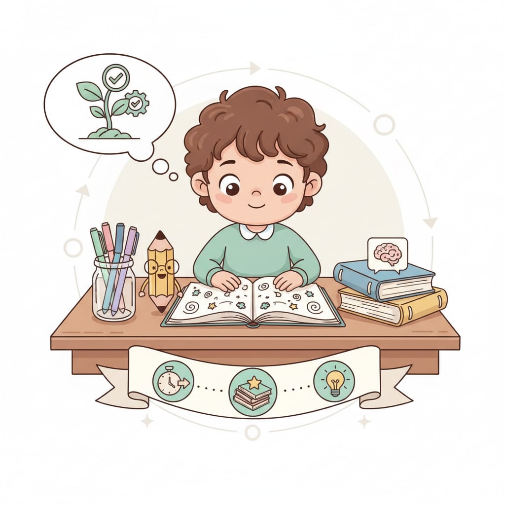 Child building productive homework habits at a tidy desk