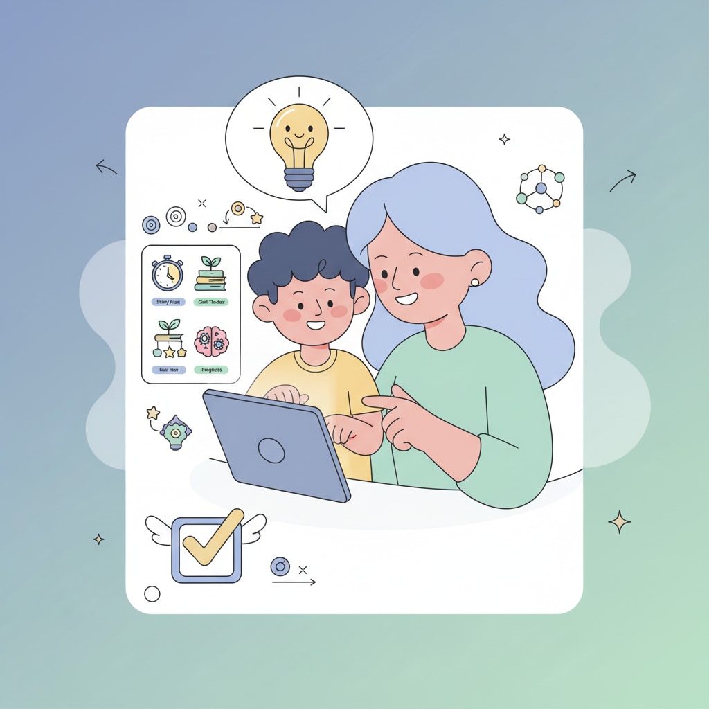 Parent and child using educational app for building productive homework habits