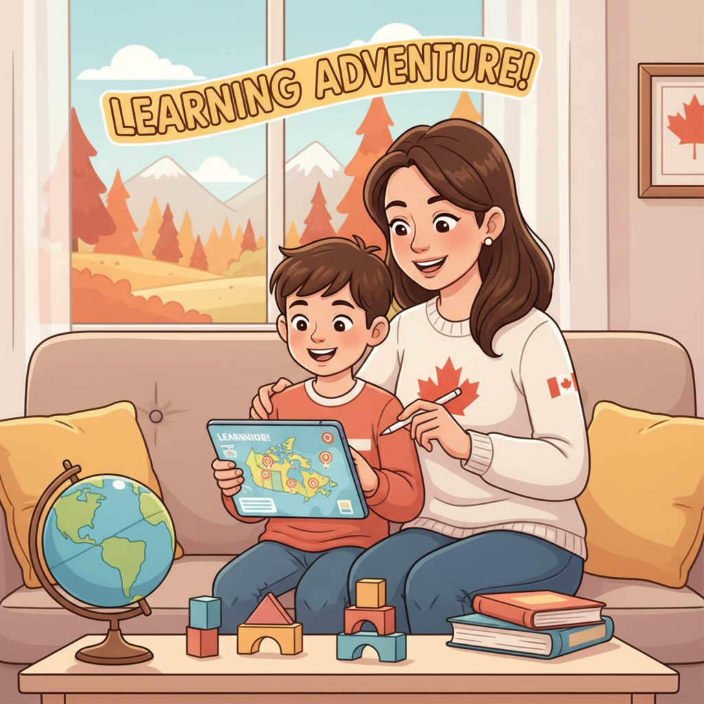 Canadian family practicing screen time management for learning