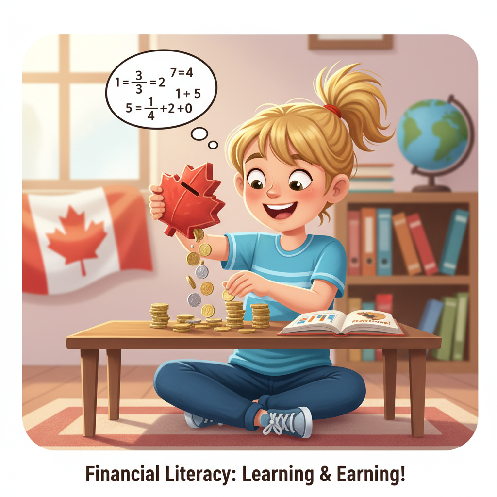 Young child learning financial literacy in Canadian curriculum with piggy bank