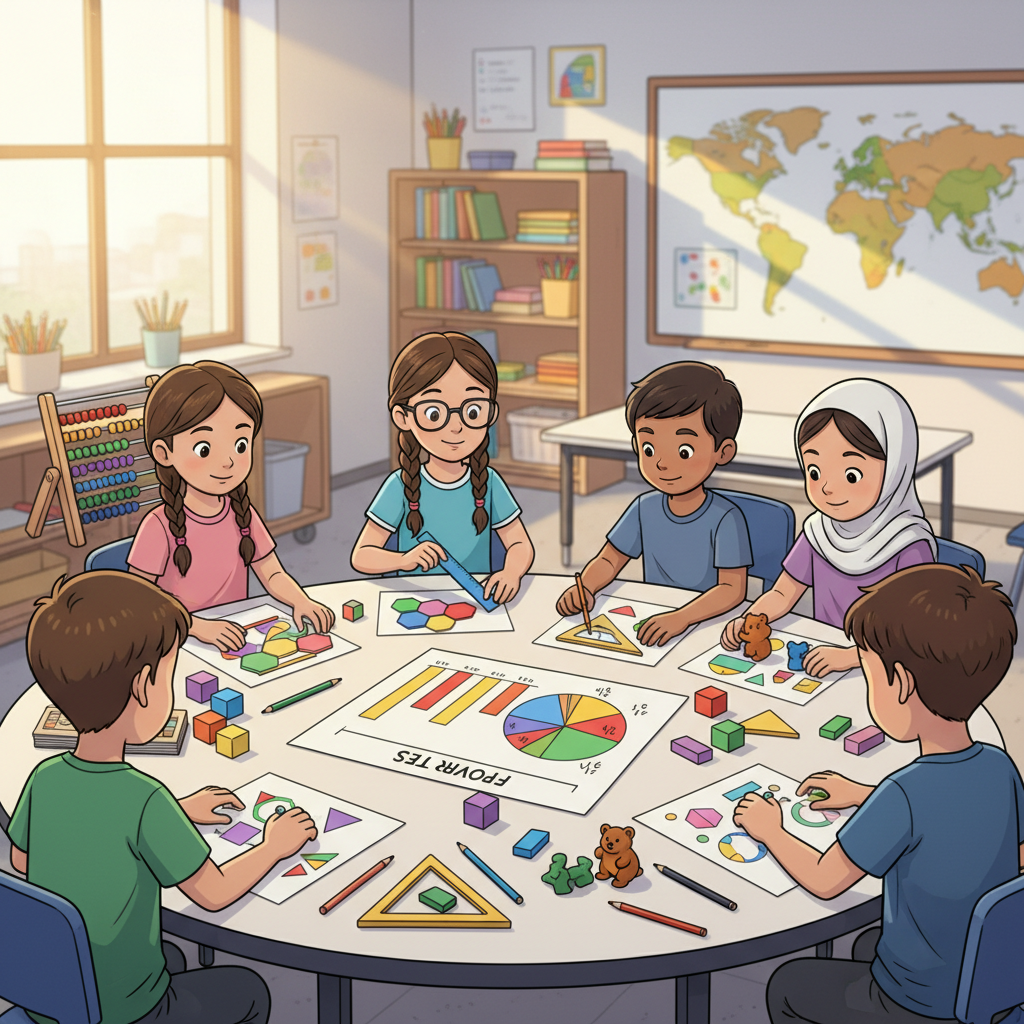 Upper elementary math milestones with children collaborating on a math project