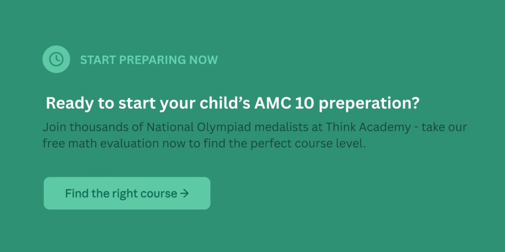 Think Academy AMC 10 course banner — green background with teal button reading "Find the right course"