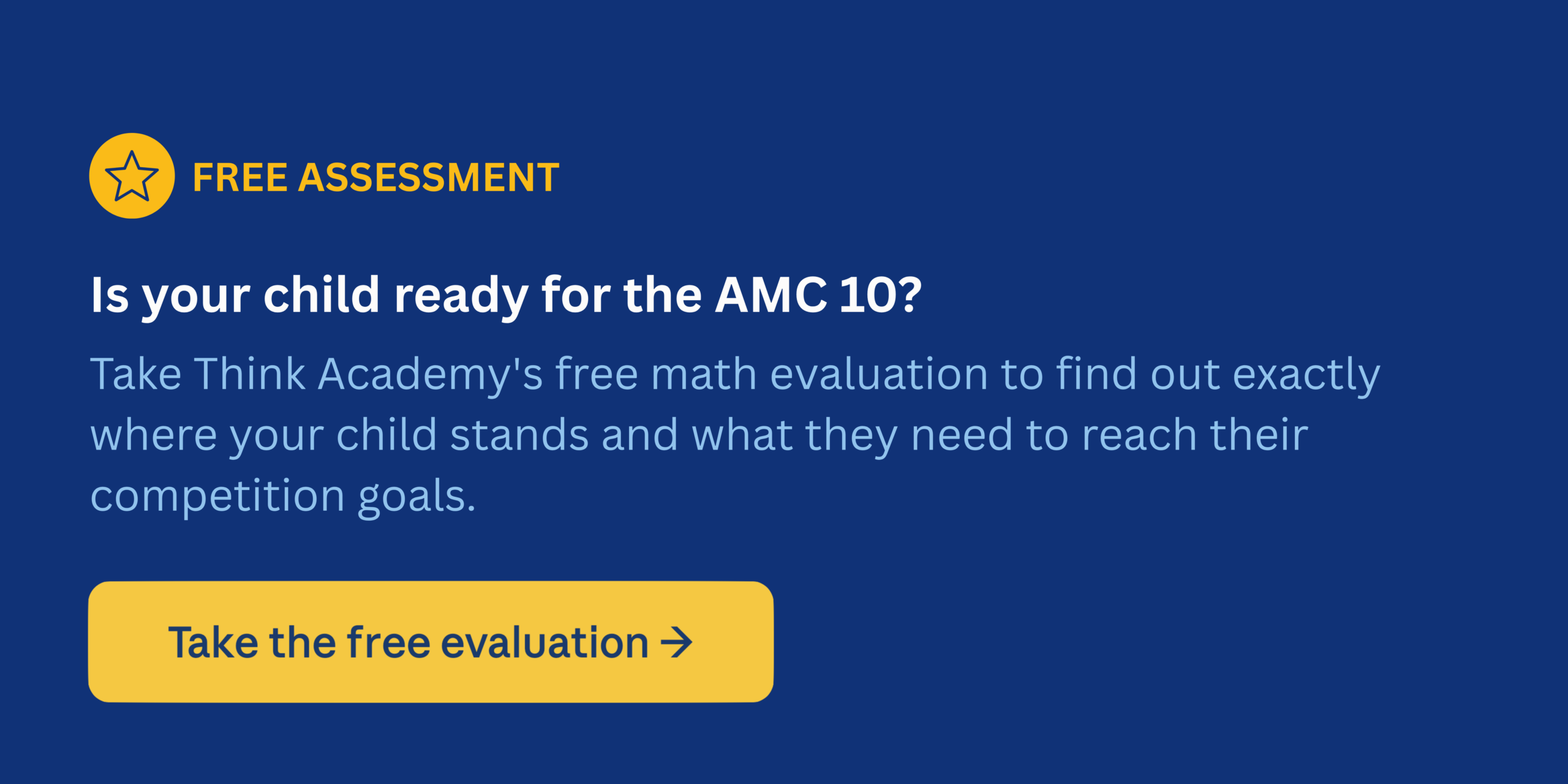 Think Academy AMC 10 free evaluation banner — blue background with gold button reading "Take the free evaluation"