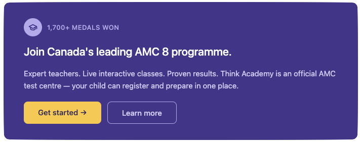 Think Academy AMC 8 enrolment banner — purple background with gold "Get started" button and secondary "Learn more" button