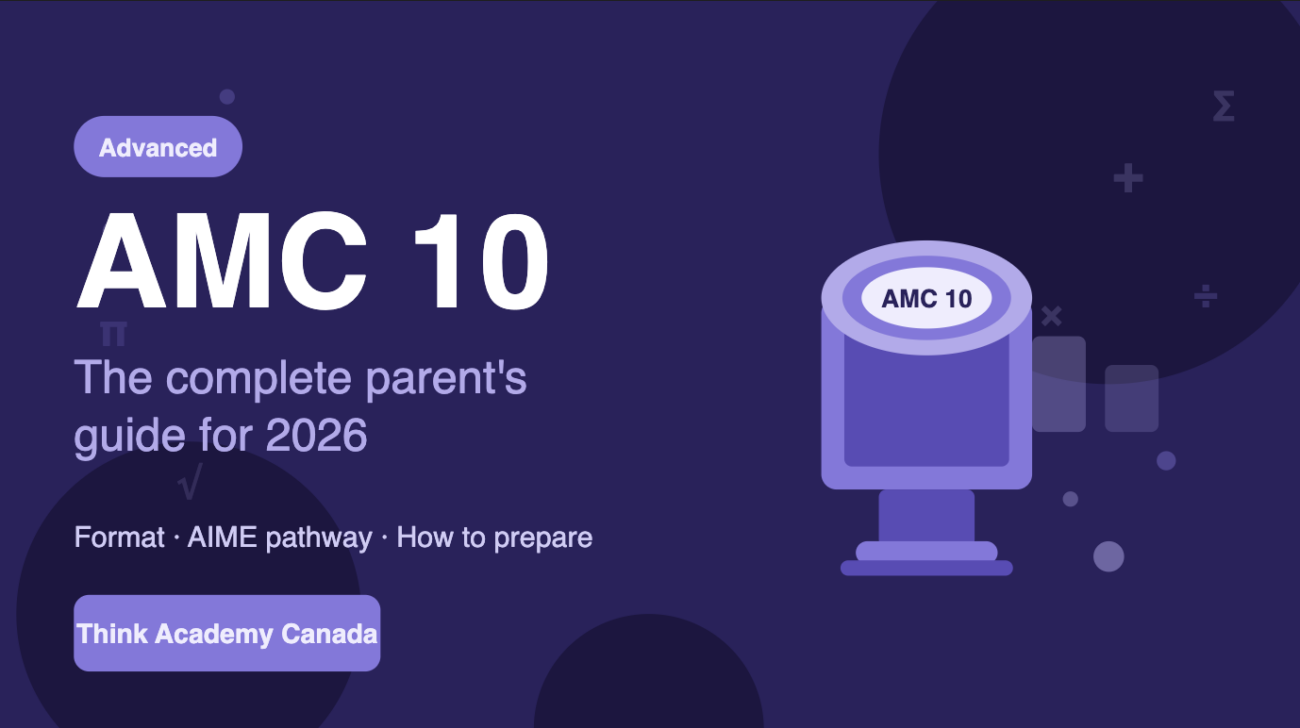 Bold featured image for the AMC 10 Canada guide — deep purple background with a trophy illustration, floating math symbols, and white title text