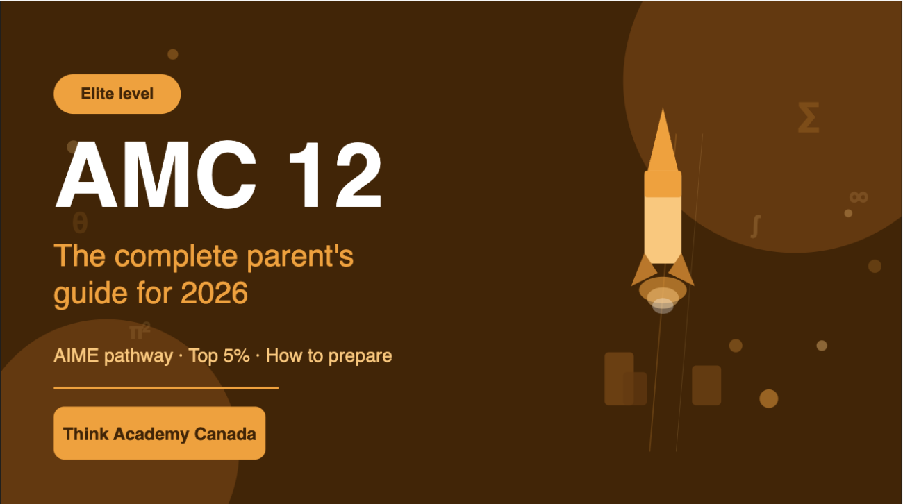 Bold featured image for the AMC 12 Canada guide — dark amber background with a rocket launch illustration, floating math symbols, and white title text