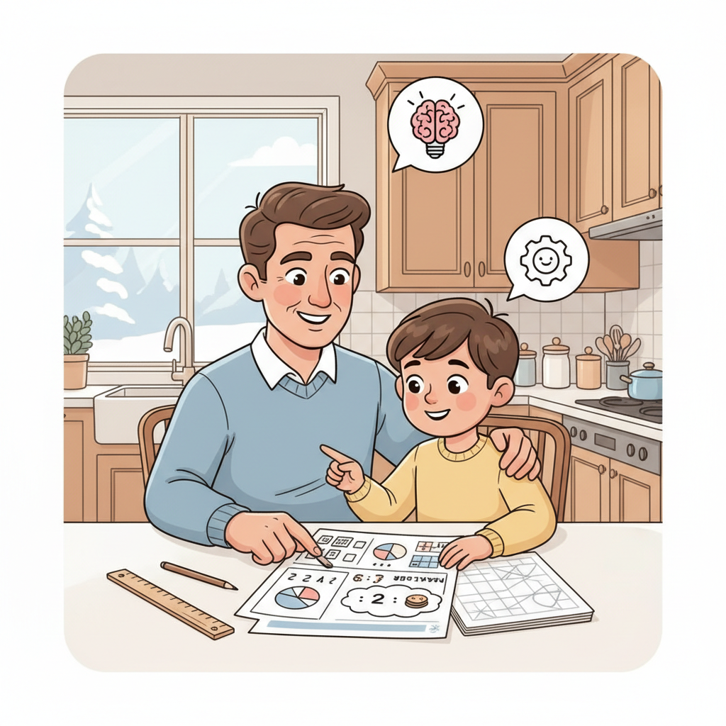 An at-home scene in a Canadian kitchen where a parent and a Grade 6 child review a worksheet featuring fractions, decimals, and a simple ratio word problem, with a ruler and graph paper on the table, showing supportive homework help rather than stress. Parent helping with Grade 6 math homework, Grade 6 math curriculum explained through fractions and ratios.