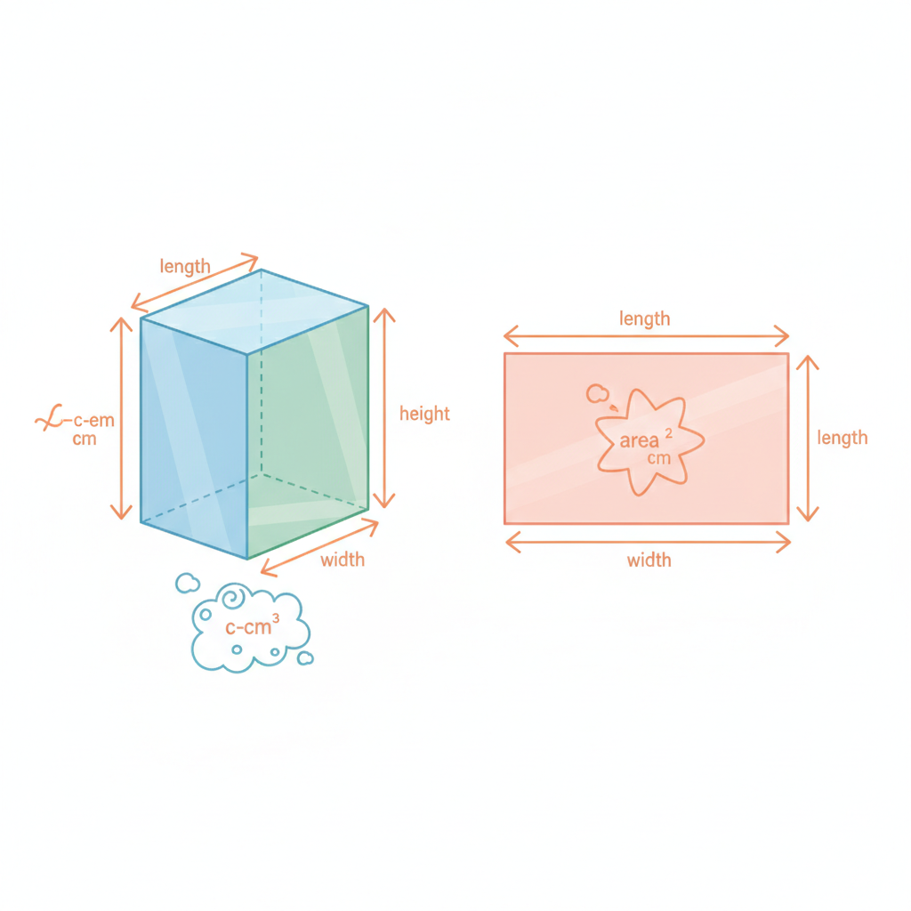 A technical-style diagram showing a rectangular prism with labelled length, width, and height, plus a nearby rectangle for area, with units (cm, cm², cm³) clearly marked to reinforce distinctions for Grade 6 learners. Measurement diagram for Grade 6 math curriculum explained: area vs volume with correct units.