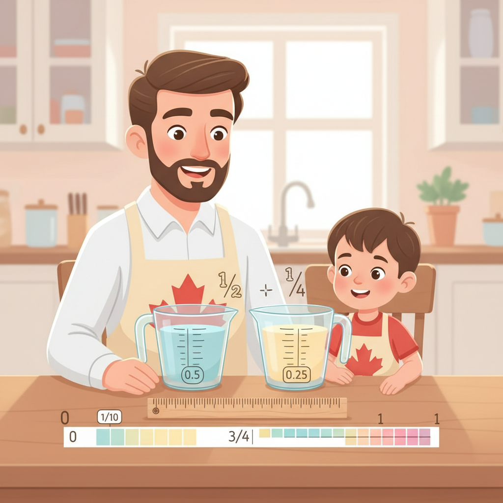 Detailed illustration of a Canadian parent and child using measuring cups, a ruler, and a number line to show halves, quarters, and tenths; include clear labels for 1/2, 1/4, 0.5, and 0.25 in a warm kitchen homework setting Parent and child learning fractions and decimals with measuring tools at home