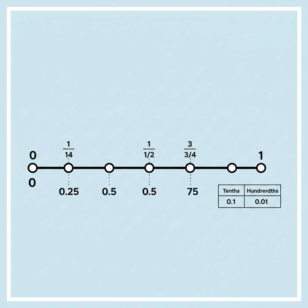 Detailed step-by-step diagram showing a number line from 0 to 1 with points at 0.25, 0.5, 0.75 and matching fractions 1/4, 1/2, 3/4; include a small place-value chart for tenths and hundredths in a clean classroom style Number line and place-value chart connecting fractions and decimals