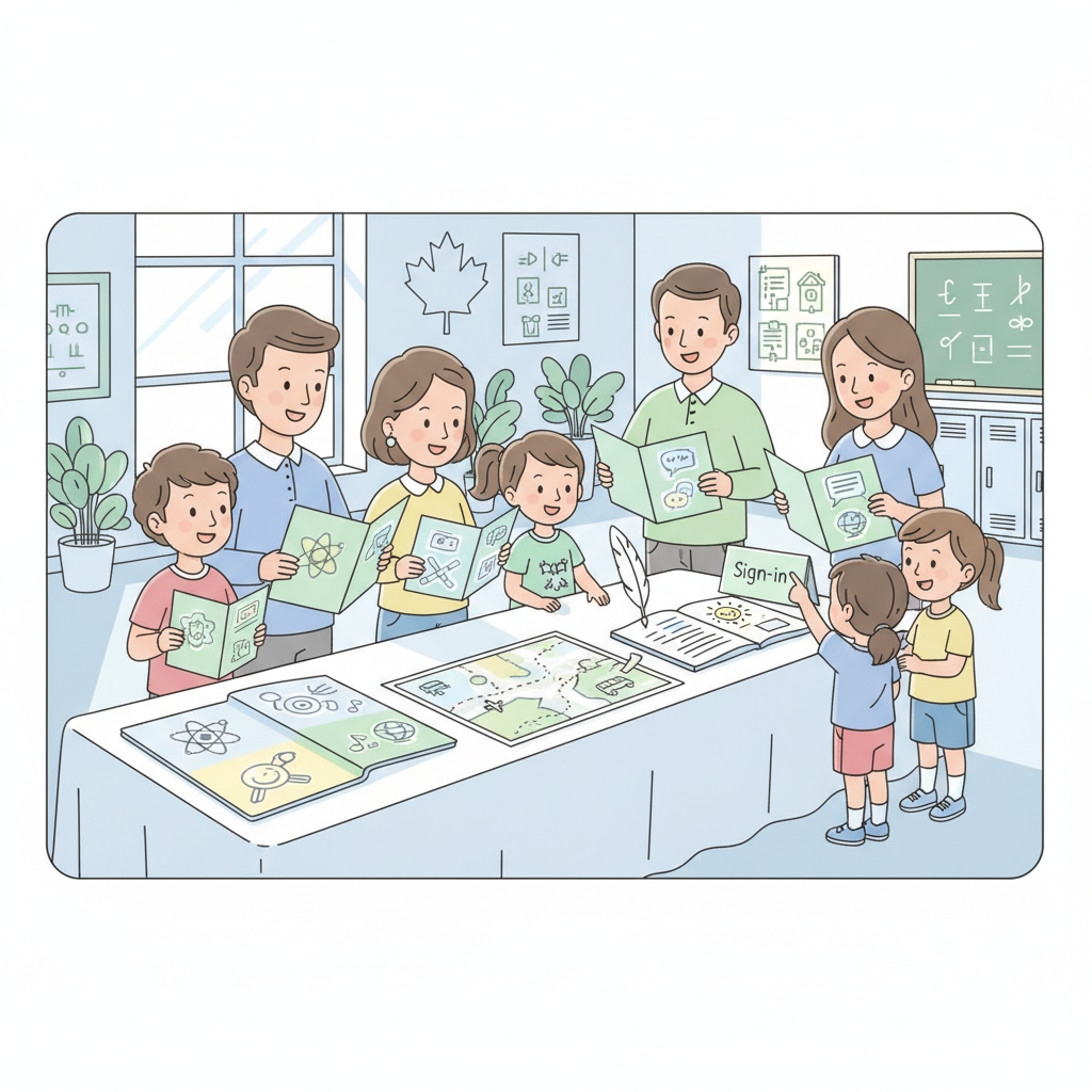 Wide, bright photo of a Canadian elementary school open house sign-in table with brochures for science, arts, and language-focused public programs; parents with children aged 4–12 reviewing program pamphlets and a map showing cross-boundary travel options; welcoming, realistic school setting. Parents exploring magnet school programs Canada at a public school open house