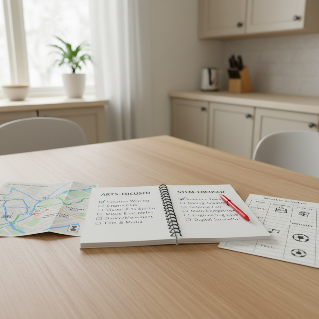 Clean comparison chart scene on a kitchen table: a parent’s notebook with a two-column checklist comparing two public programs (arts-focused vs STEM-focused), a printed commute map, and a child’s simple weekly schedule; realistic Canadian home setting, no branding. Home checklist comparing magnet school programs Canada and local school options