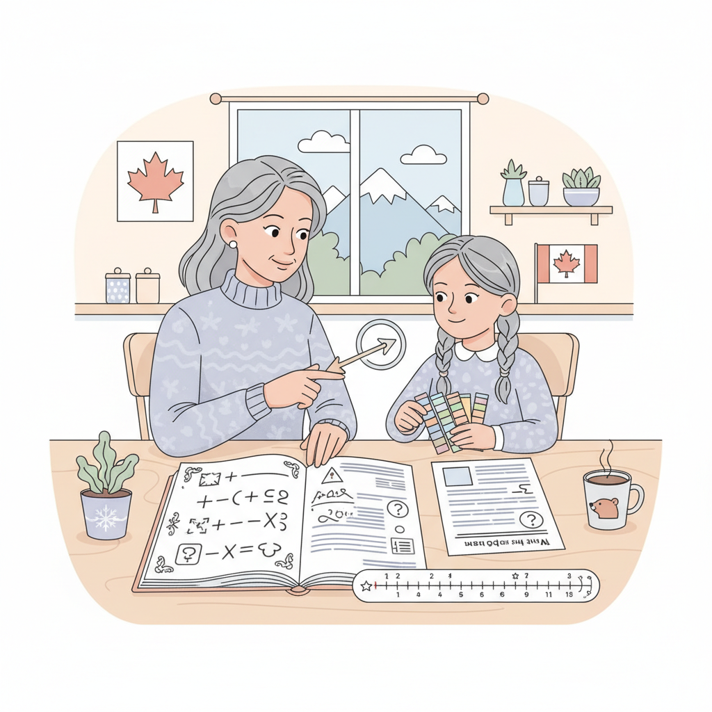 Parent supporting transition from Grade 5 to Grade 6 math with fraction models at home