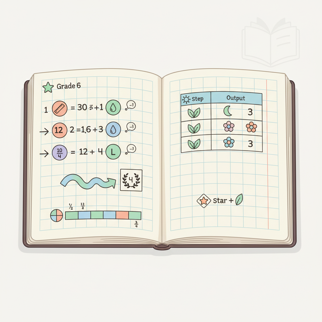 Student notebook example for transition from Grade 5 to Grade 6 math showing reasoning steps
