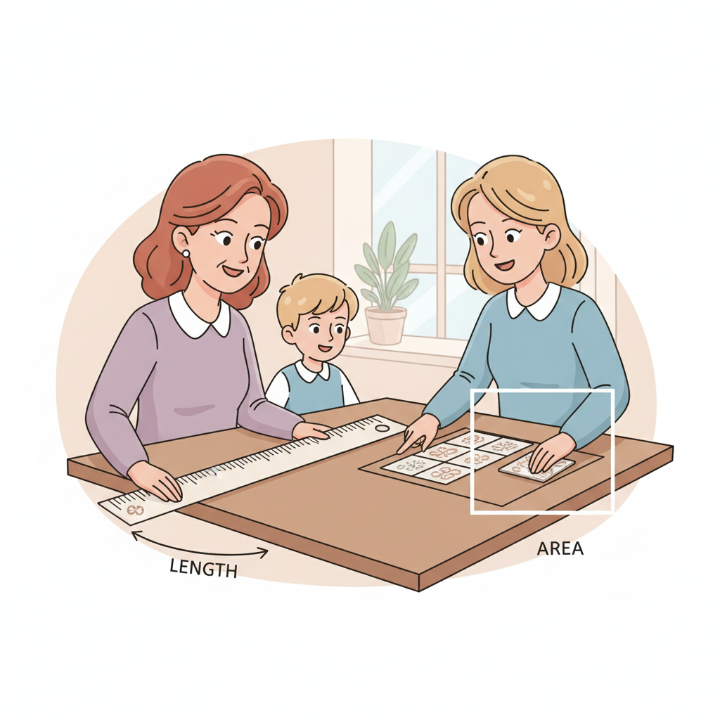 Parent and child measuring a tabletop with a ruler and also covering a small rectangle with square tiles, showing the difference between length and area in a warm Canadian home setting, natural light, school-age child, hands visible, clear tools on table Parent helping child learn measurement, area, and volume basics using a ruler and square tiles