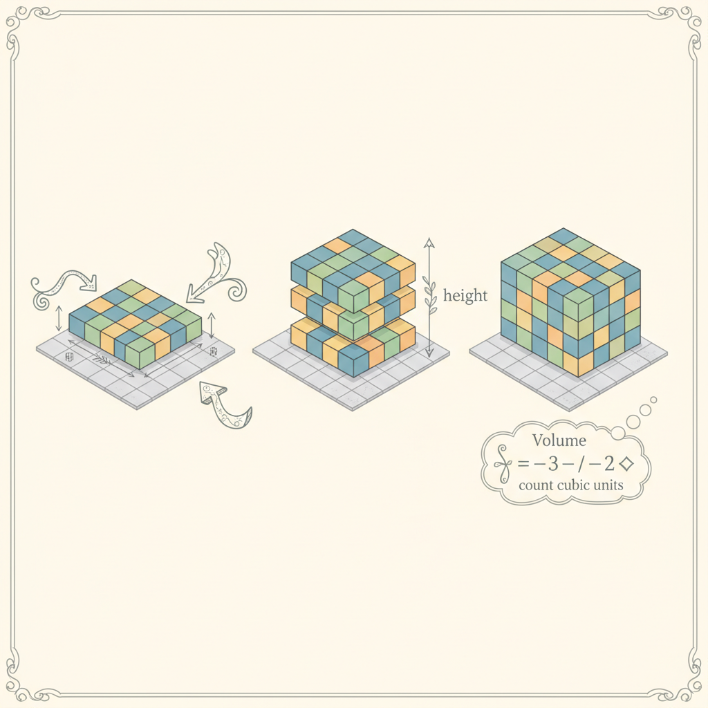 Step-by-step diagram-style photo of a rectangular prism built from identical unit cubes on a grid mat, showing one layer, then stacked layers, with labels for length width height and a note about counting cubic units for volume, clean neutral background Visualizing measurement, area, and volume by counting unit cubes to find volume of a rectangular prism
