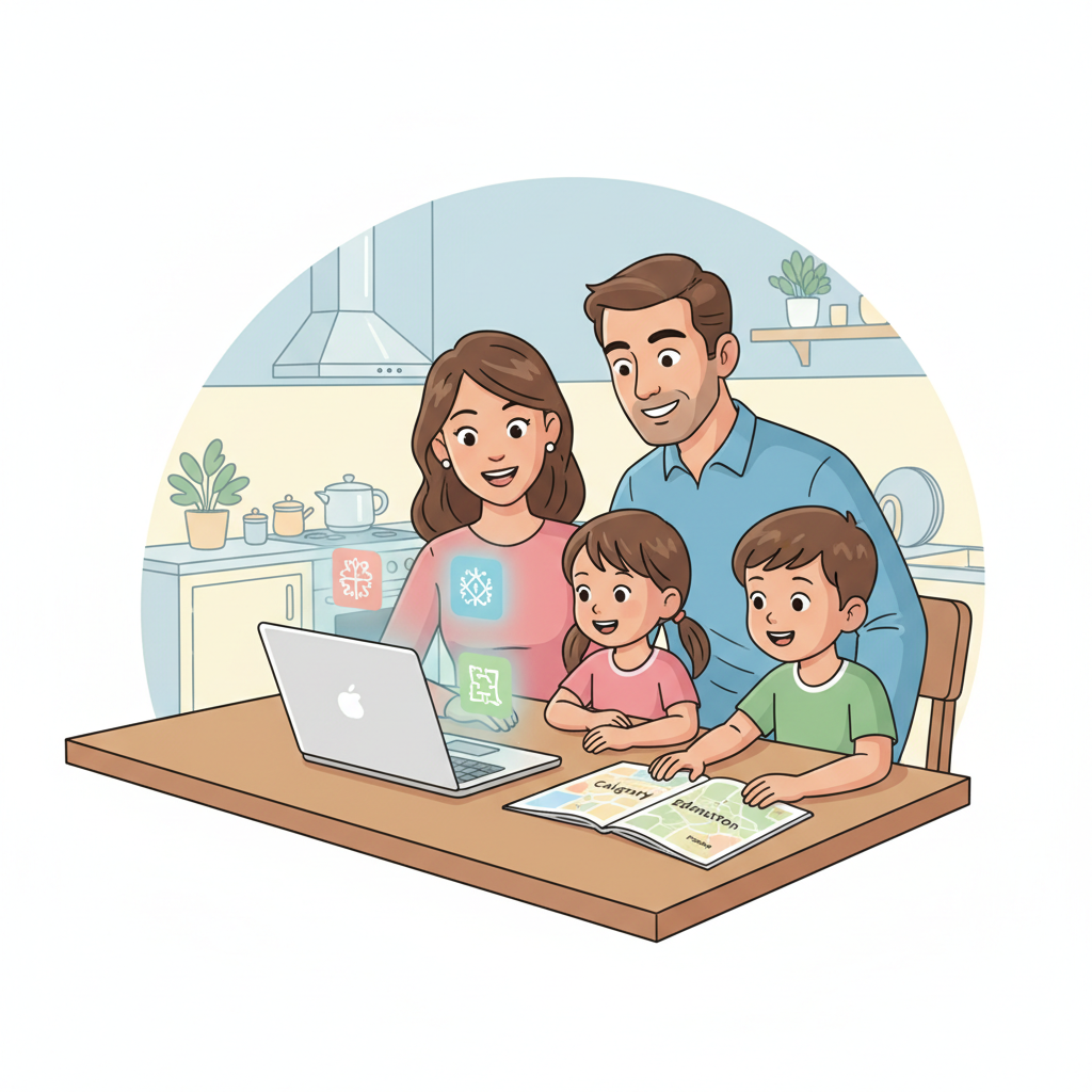 Wide, bright photo of an Alberta family with two elementary-aged children reviewing official school board websites on a laptop at a kitchen table, with a Calgary and Edmonton map booklet nearby; calm, practical home setting that suggests planning a school decision Parents comparing Calgary and Edmonton school systems using official school board websites at home