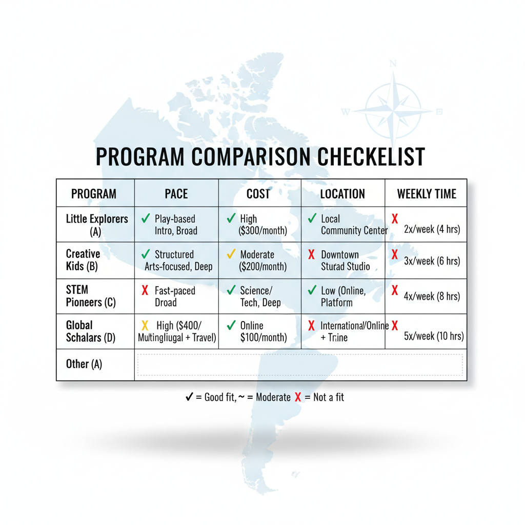 Screenshot-style illustration of a comparison checklist for programs, including columns for pace, depth, cost, location, and weekly time, with a Canadian map outline faintly in the background; clean, technical layout for parents Checklist to compare enrichment and advanced programs by pace, depth, and time