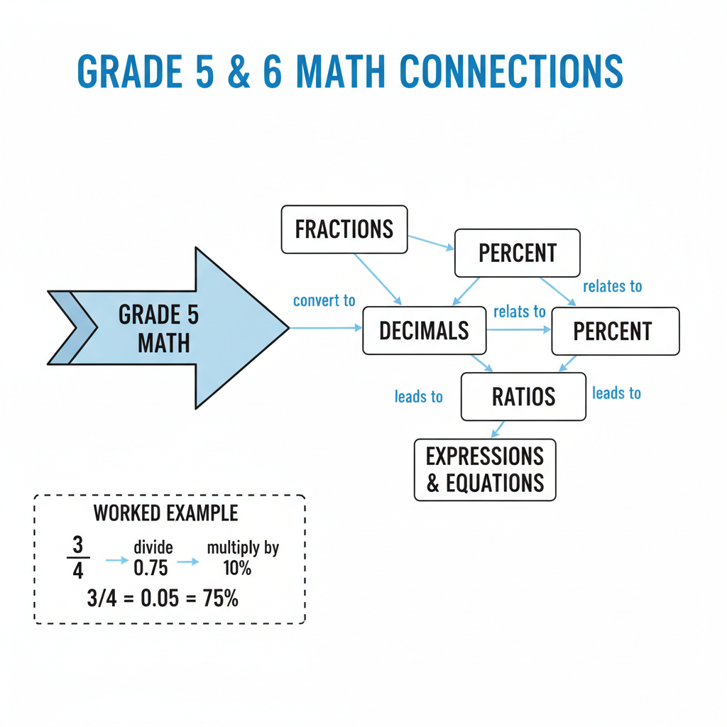 Concept map supporting the transition from Grade 5 to Grade 6 math, linking fractions, decimals, percent, ratios, and equations