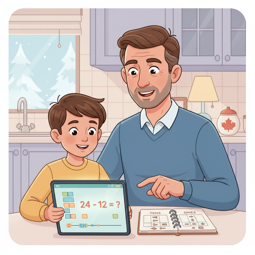 A parent and child at a kitchen table using a tablet that shows colourful base-ten blocks and a number line; the child drags tens and ones to solve a subtraction problem while the parent points to place value columns in a notebook; warm home lighting; realistic Canadian family setting math apps for visual learners shown with base-ten blocks and number line