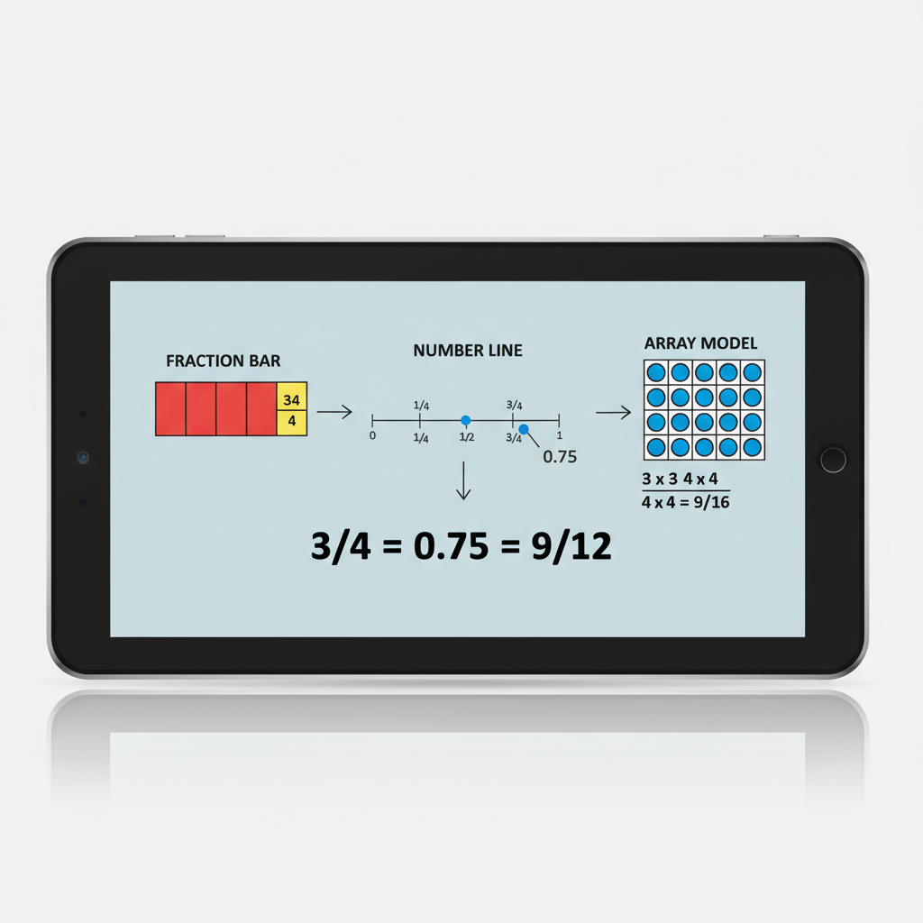 A clean comparison-style graphic showing three math visual models side by side on a tablet screen—fraction bar, number line, and array model—with labels and arrows connecting them to an equation; neutral background; high clarity for a technical explainer image math apps for visual learners using fraction bars, number lines, and arrays