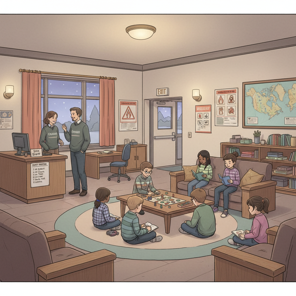 Warm, realistic photo of a Canadian boarding school residence common room in the early evening, with house staff chatting with a small group of elementary-aged students doing quiet reading and board games; visible safety features like sign-in desk and posted routines; diverse students; calm, supervised atmosphere Supervised evening routine at boarding schools in Canada residence