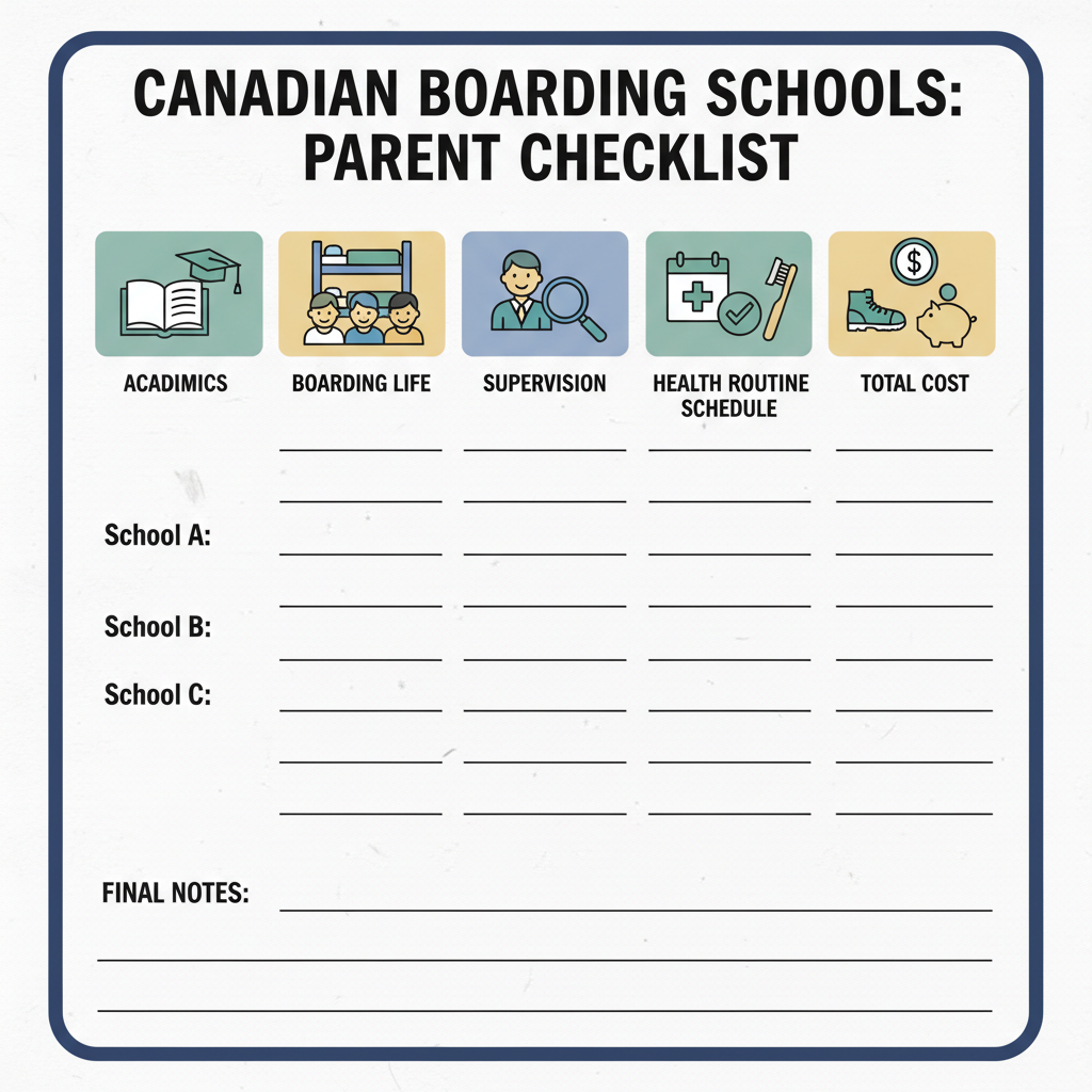 Simple, information-focused graphic showing a parent comparison checklist for Canadian boarding schools with columns for academics, boarding life, supervision, health routines, weekend schedule, and total cost; includes icons and space for notes; clean Canadian design style Parent checklist for comparing boarding schools in Canada