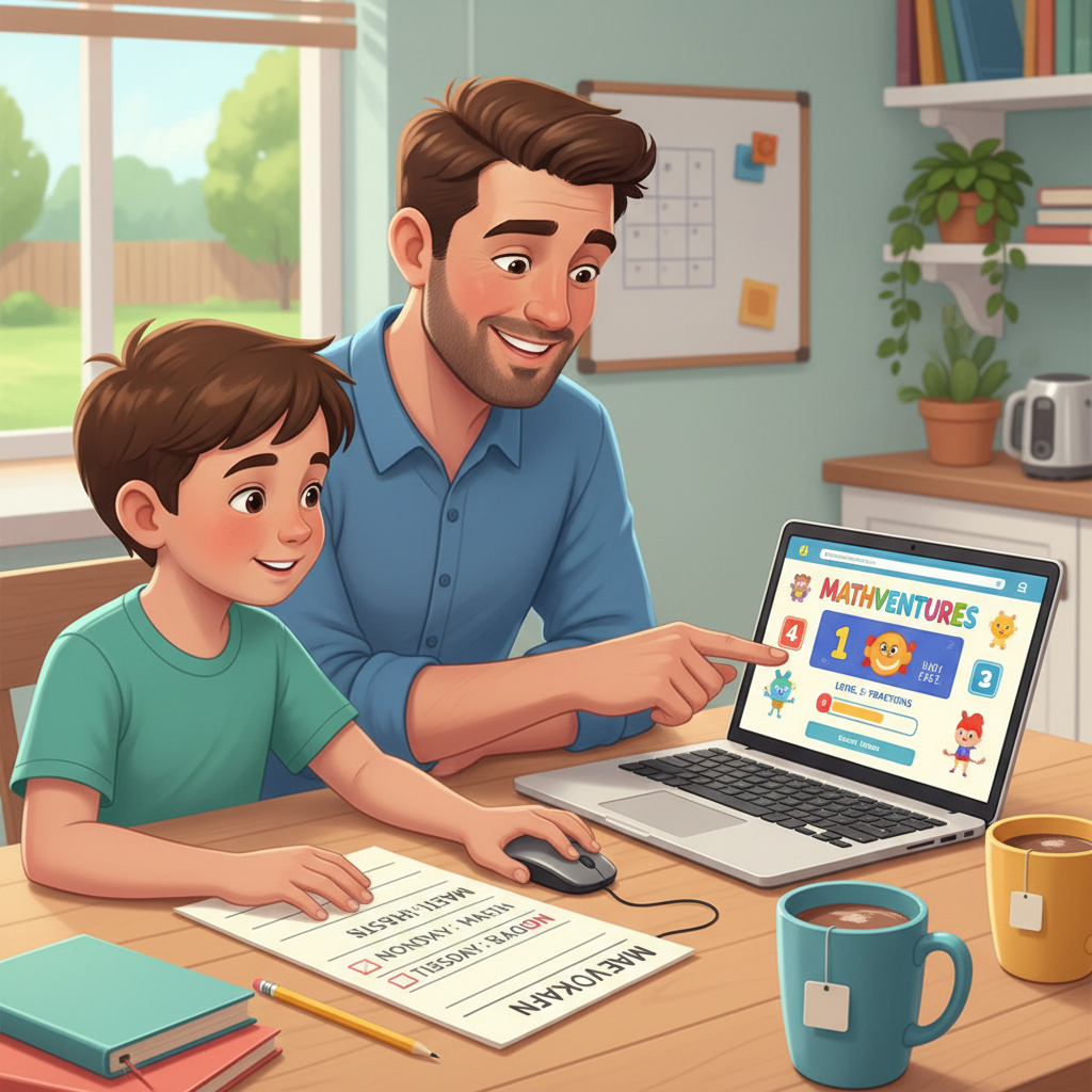 Parent sitting at a kitchen table with a child aged 7–10 using a laptop to practise math; a simple weekly plan sheet and pencil are beside them, showing a calm at-home routine and a trusted learning website on screen. Parent and child using best free math practice websites during a calm weekly routine