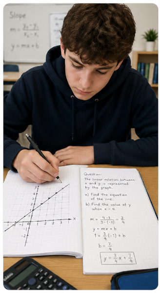 Grade 10 student solving linear interpolation formula problem for Pascal Contest preparation
