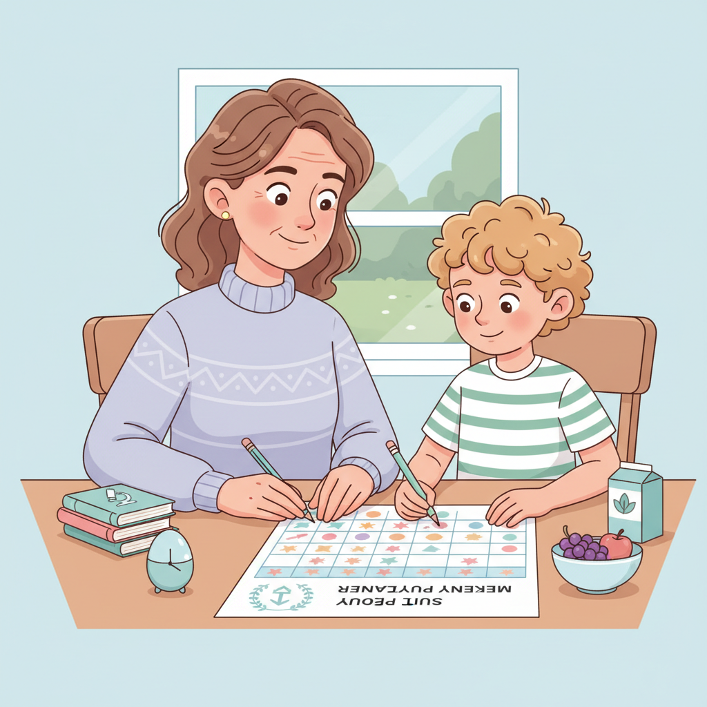 Warm, realistic home scene at a kitchen table: a parent and an elementary-age child filling in a weekly study planner with coloured pencils, with a small stack of books, a timer, and a snack nearby; the planner shows short task blocks and one simple goal for the week Parent and child using study planners and goal-setting templates at home to plan a weekly routine