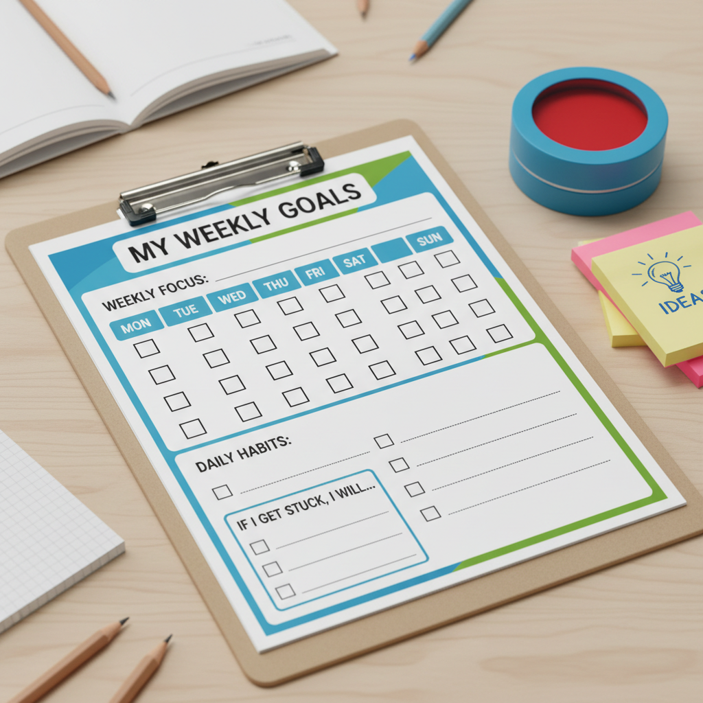 Close-up of a printable goal-setting template on a clipboard showing a weekly goal, daily checkboxes, and a small “If I get stuck, I will…” box; beside it are a visual timer and sticky notes; clean, high-contrast layout suitable for parents to copy at home Printable study planners and goal-setting templates with weekly goal and daily checkboxes