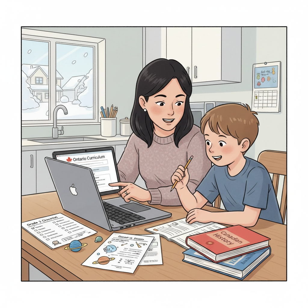 A Canadian parent and child reviewing the Ontario curriculum website on a laptop at a kitchen table, with a printed checklist and homework pages visible, documentary-style lighting. Parent and child reviewing Ontario curriculum changes on the official Ontario curriculum website